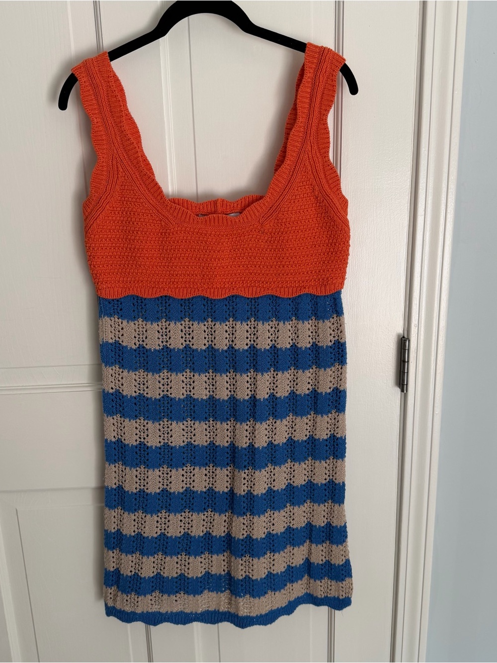 Zara Striped Knit Crochet Mini Dress in orange/blue/tan sz L